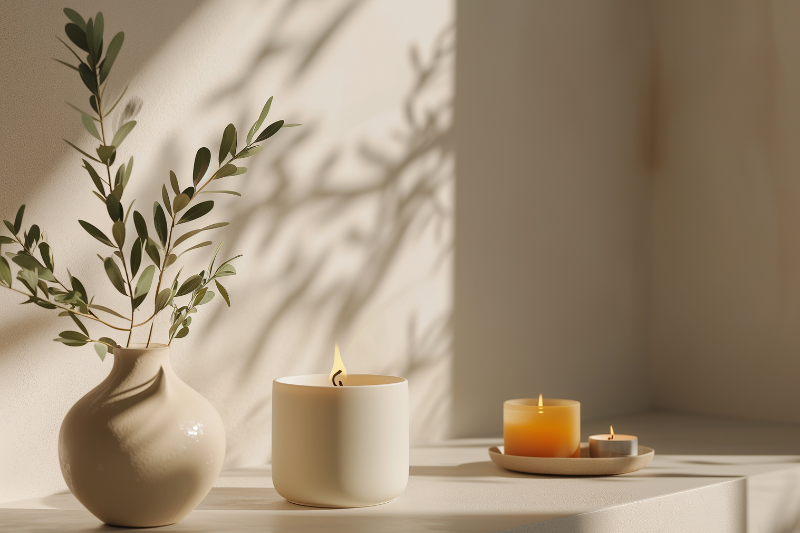Candlelight At Home Styled With Minimalist Cream-Colored Candles And A Ceramic Vase With Greenery On A Sunlit Ledge, Creating A Serene And Inviting Atmosphere.